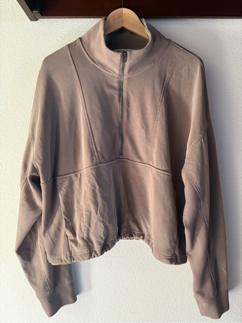 Athleta Seasoft Rib 1/4 Zipper Half-Zip Pullover Sweatshirt, Mauve/Dusty Plum
